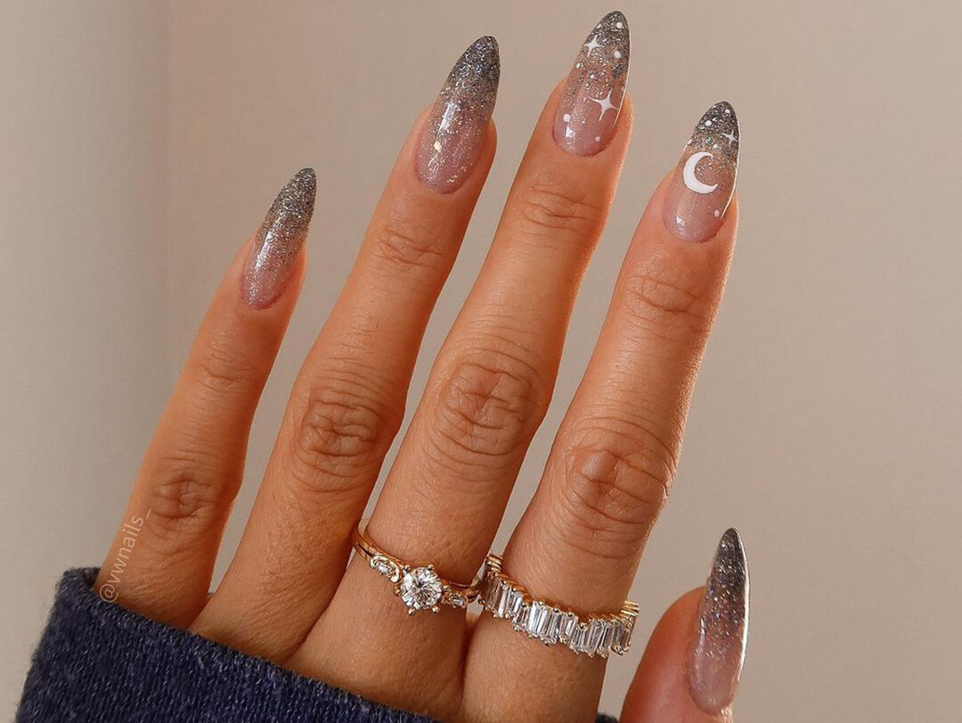 Celestial Glitter Ombre Almond Nails Celestial Glitter Ombre Almond Nails — Winter Glitter Nails 2027