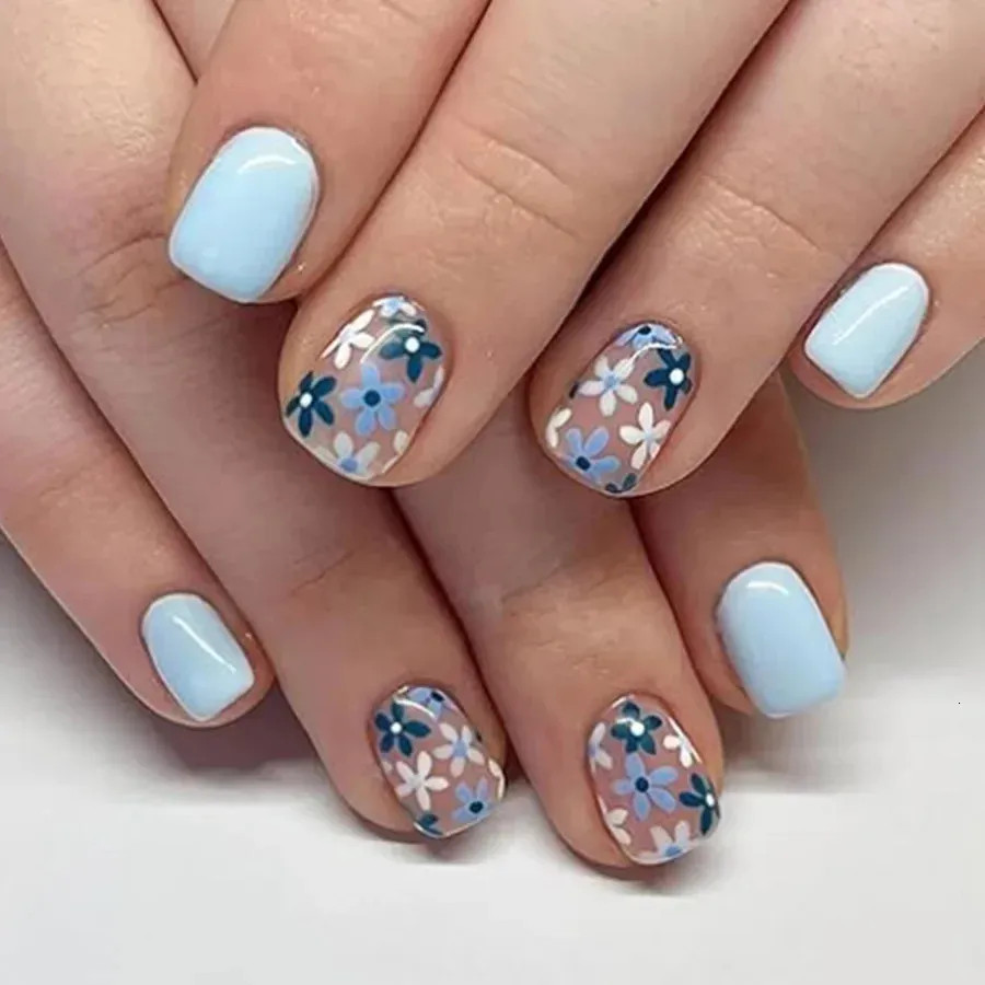 Light Blue Solid Floral Decal Square Nails Light Blue Solid Floral Decal Square Nails — Spring Square Nails 2027