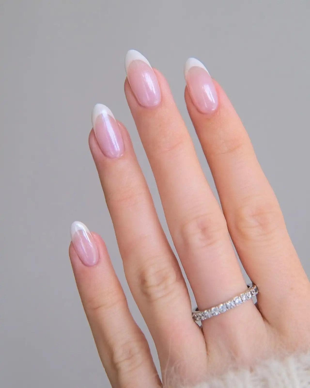 Pearlescent Shimmer Tip Almond Nails — Wedding French Tip Nails 2027