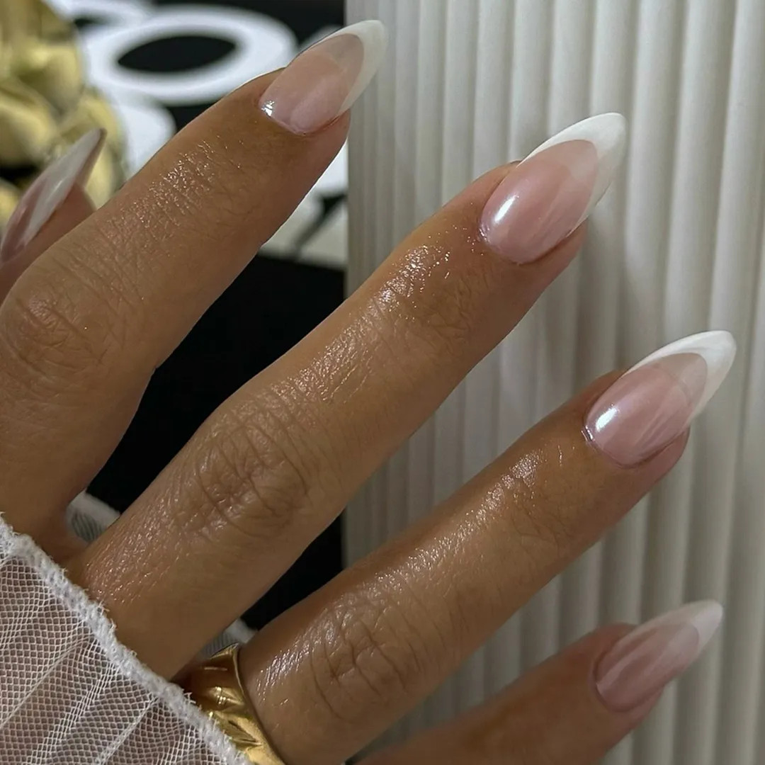 Gold Foil French Tip Medium Almond Gold Foil French Tip Medium Almond — Nude Wedding Nails 2027