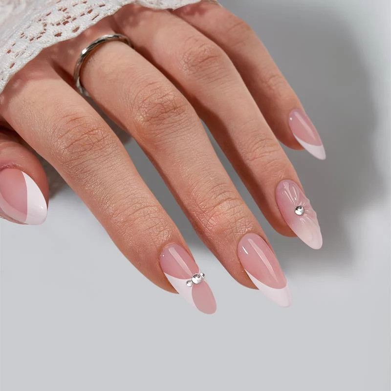 Modern French with Base Rhinestones — Prom Almond Nails 2027