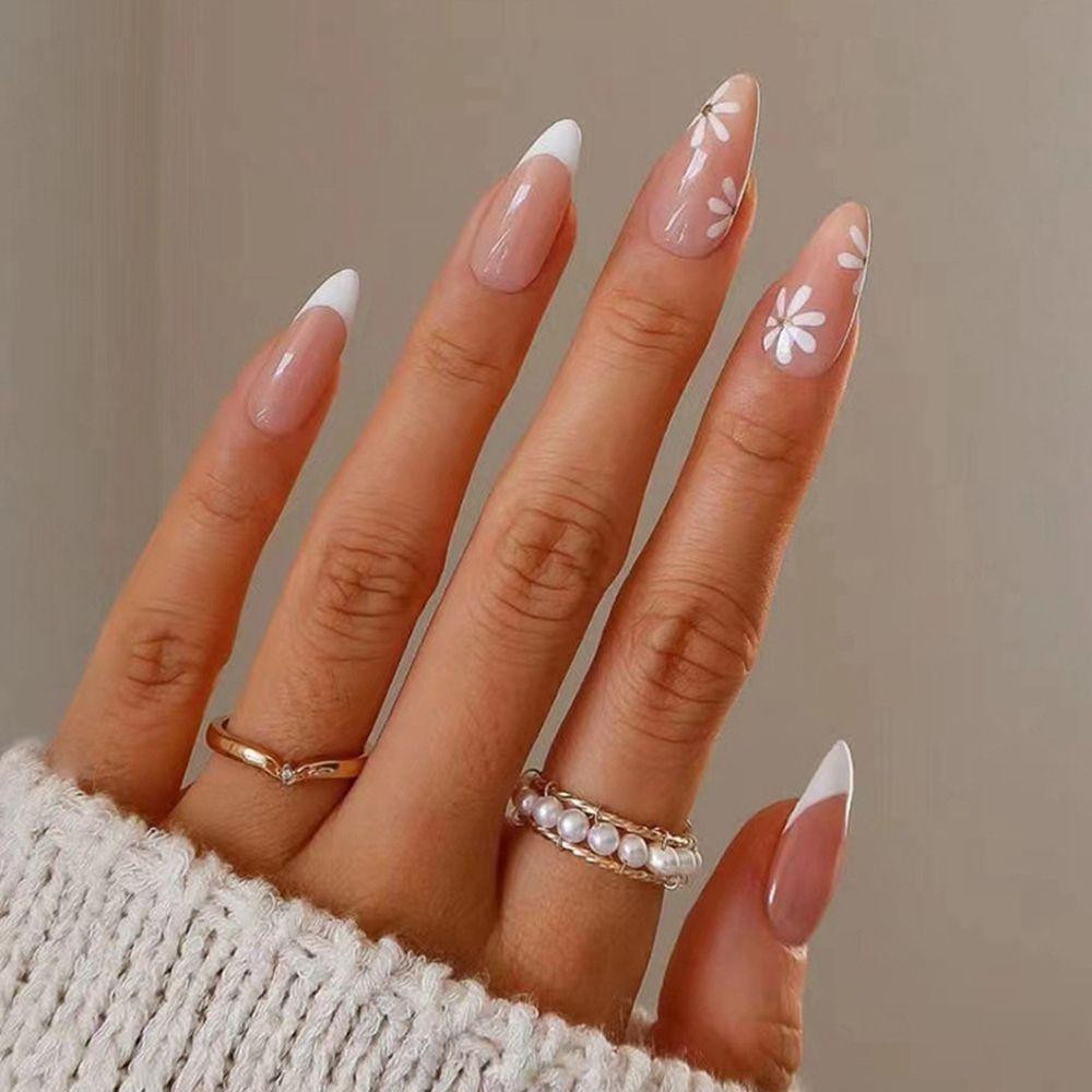 Sheer Nude French with Floral Accents — Prom Almond Nails 2027