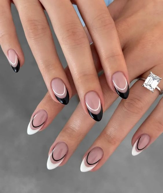 Double French Tip With Black And White Visual Idea — Prom Almond Nails 2027
