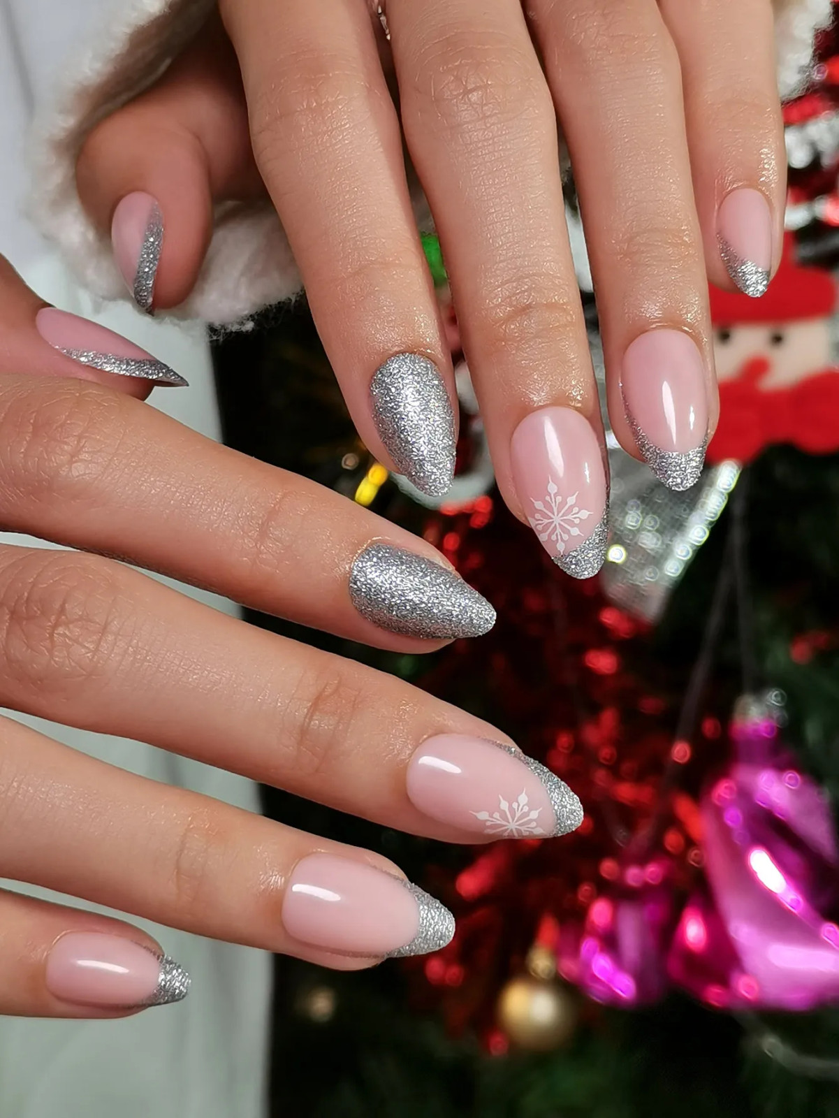 Silver Glitter Snowflake French Almond Silver Glitter Snowflake French Almond — Winter French Tip Nails 2027