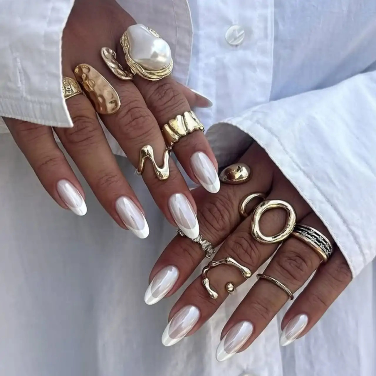 Pearlescent Chrome Thin White French Pearlescent Chrome Thin White French — Winter French Tip Nails 2027