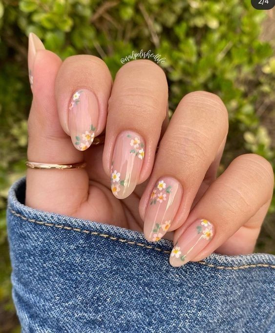 Scattered Pastel Floral Nude Almond Nails Scattered Pastel Floral Nude Almond Nails — Spring Floral Nails 2027