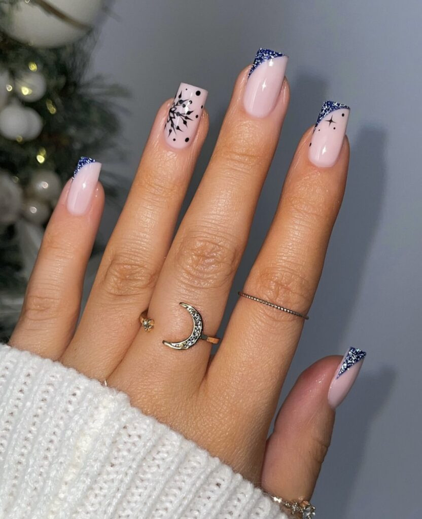 Blue Glitter French Tip Snowflake Nails Blue Glitter French Tip Snowflake Nails — Simple Winter Nails 2027