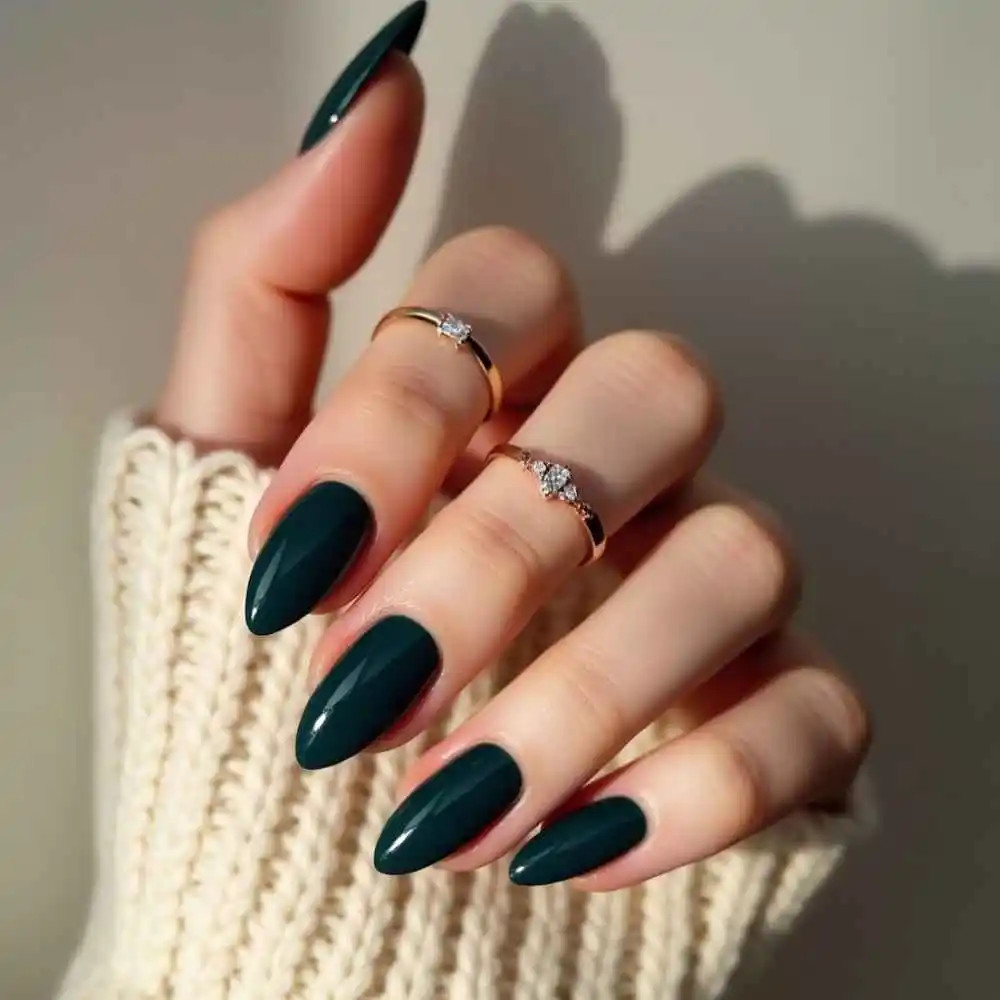 Deep Forest Green Long Almond Nails — Fall to Winter Nails 2026