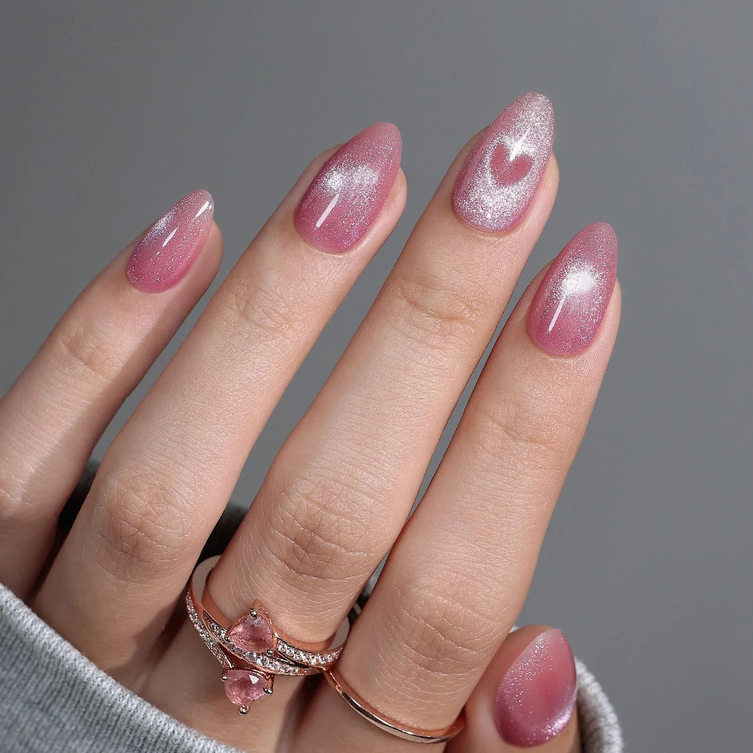 Shimmering Pink Cat-Eye Hearts Shimmering Pink Cat-Eye Hearts — Almond Press On Nails 2027
