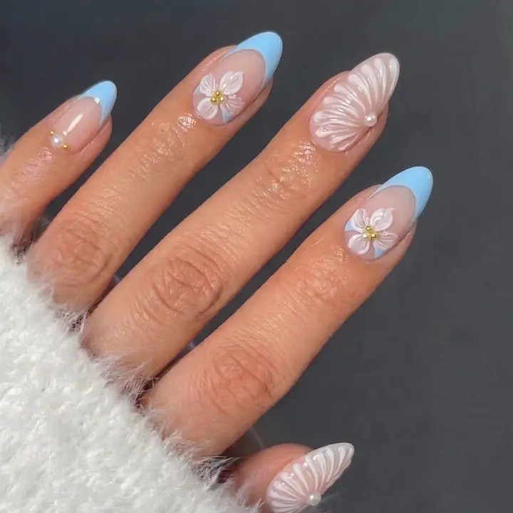 Visual Idea — The French Tips Are A Soft Ice Blue Visual Idea — The French Tips Are A Soft Ice Blue — Almond Press On Nails 2027