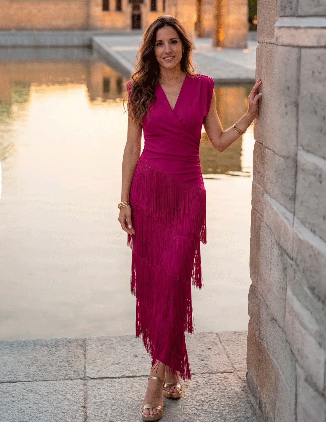 Gold Heeled Sandals Outfit Idea — Fringe Dress 2027