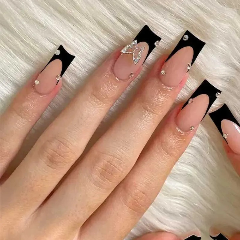 Nude Black French Butterfly Charm Birthday Nails — Birthday Nails Coffin 2027
