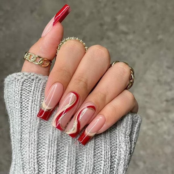 Long Coffin Red Gold Wavy French Tip Nails — Birthday Nails Coffin 2027