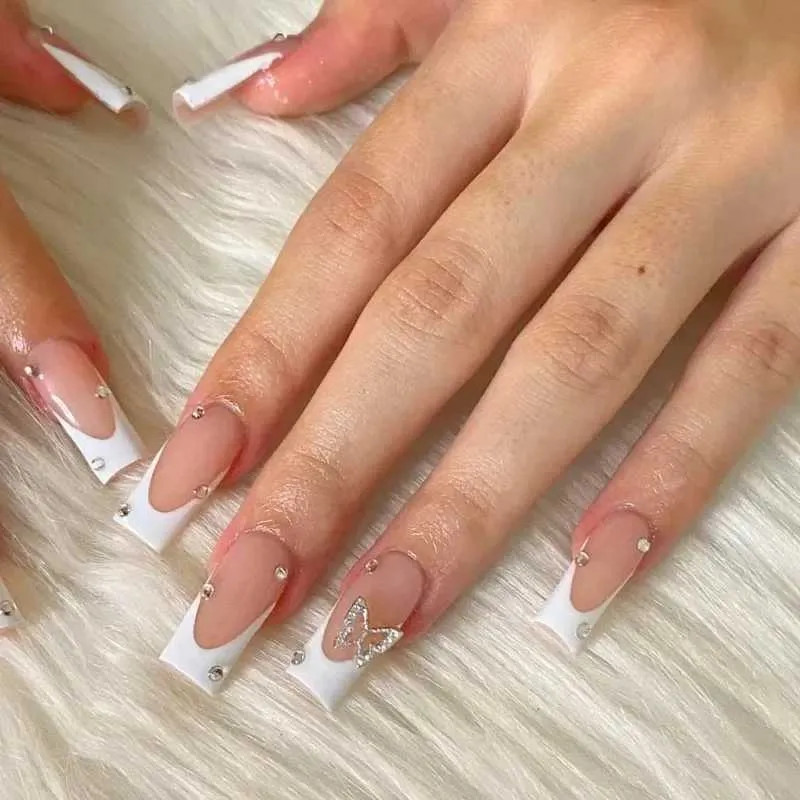 Long Coffin Rhinestone Butterfly Birthday Nails — Birthday Nails Coffin 2027