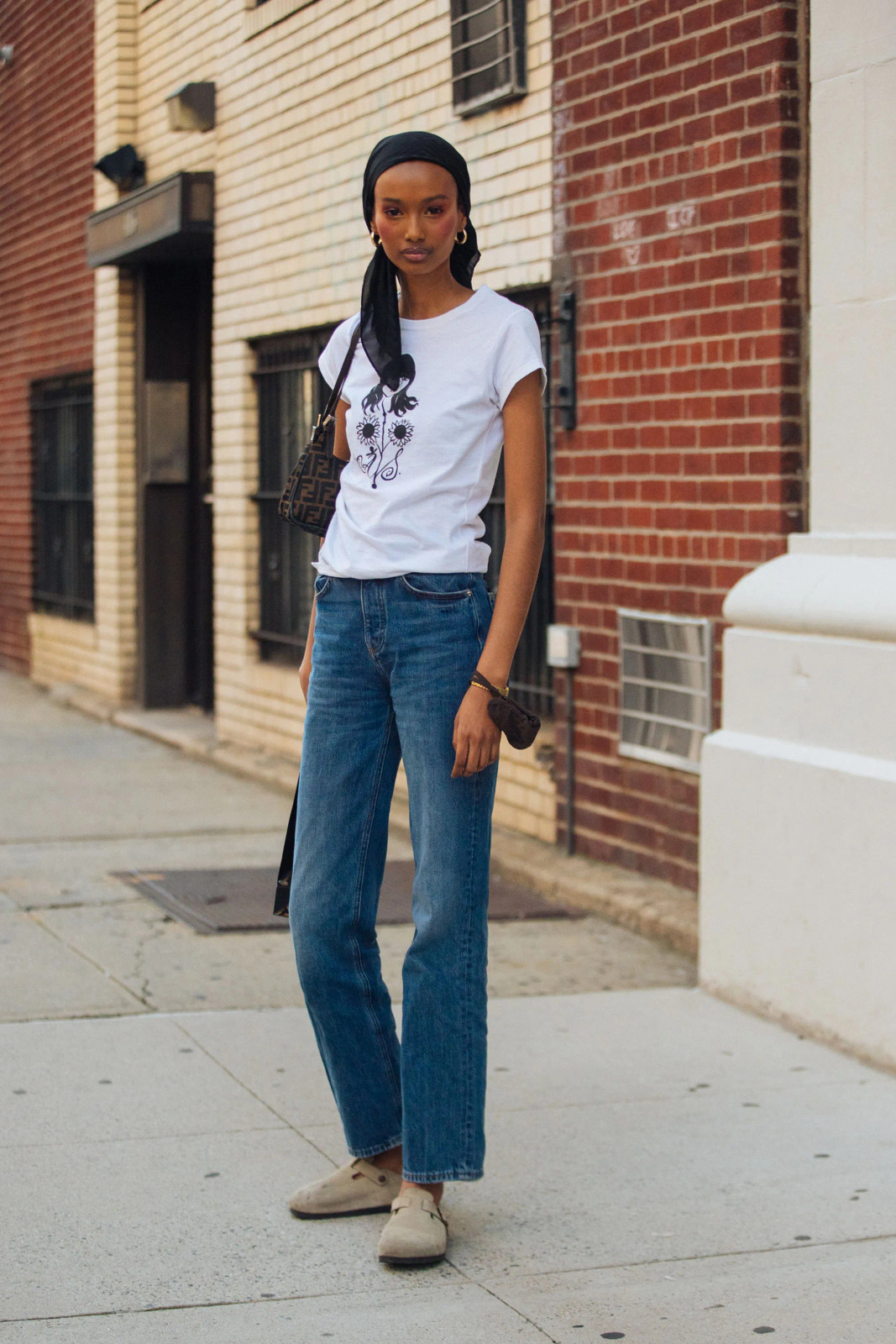 Graphic T-Shirt and Jeans with Beige Clogs and Headscarf — Boston Outfits 2027