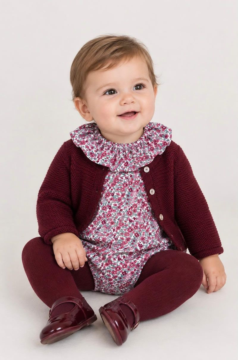 Burgundy Cardigan over Ruffled Floral Romper Burgundy Cardigan over Ruffled Floral Romper — Baby Outfits 2027