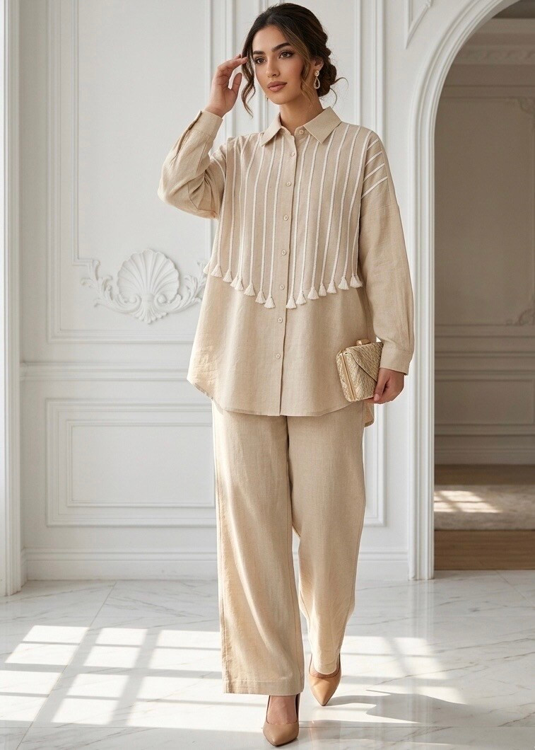Beige Linen Set with Tassel Detail Beige Linen Set with Tassel Detail — Dubai Outfits 2027