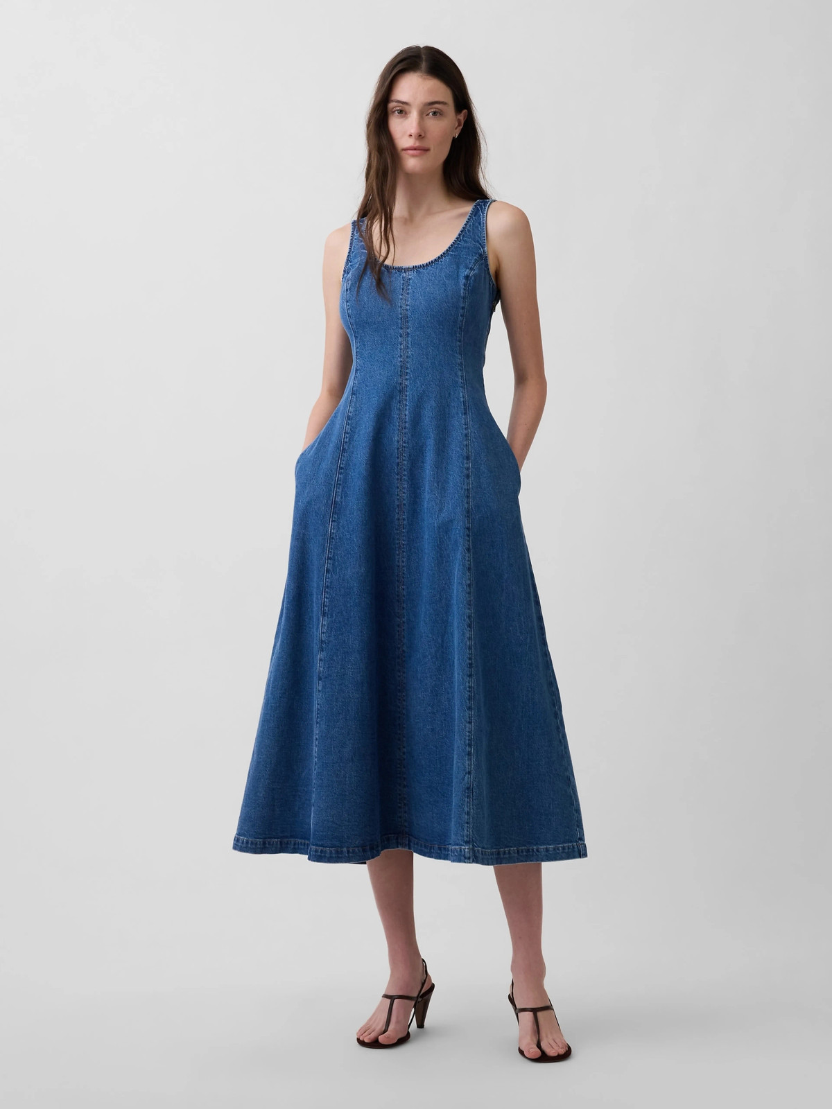 Denim Midi Dress with Strappy Heeled Sandals — Austin Outfits 2027