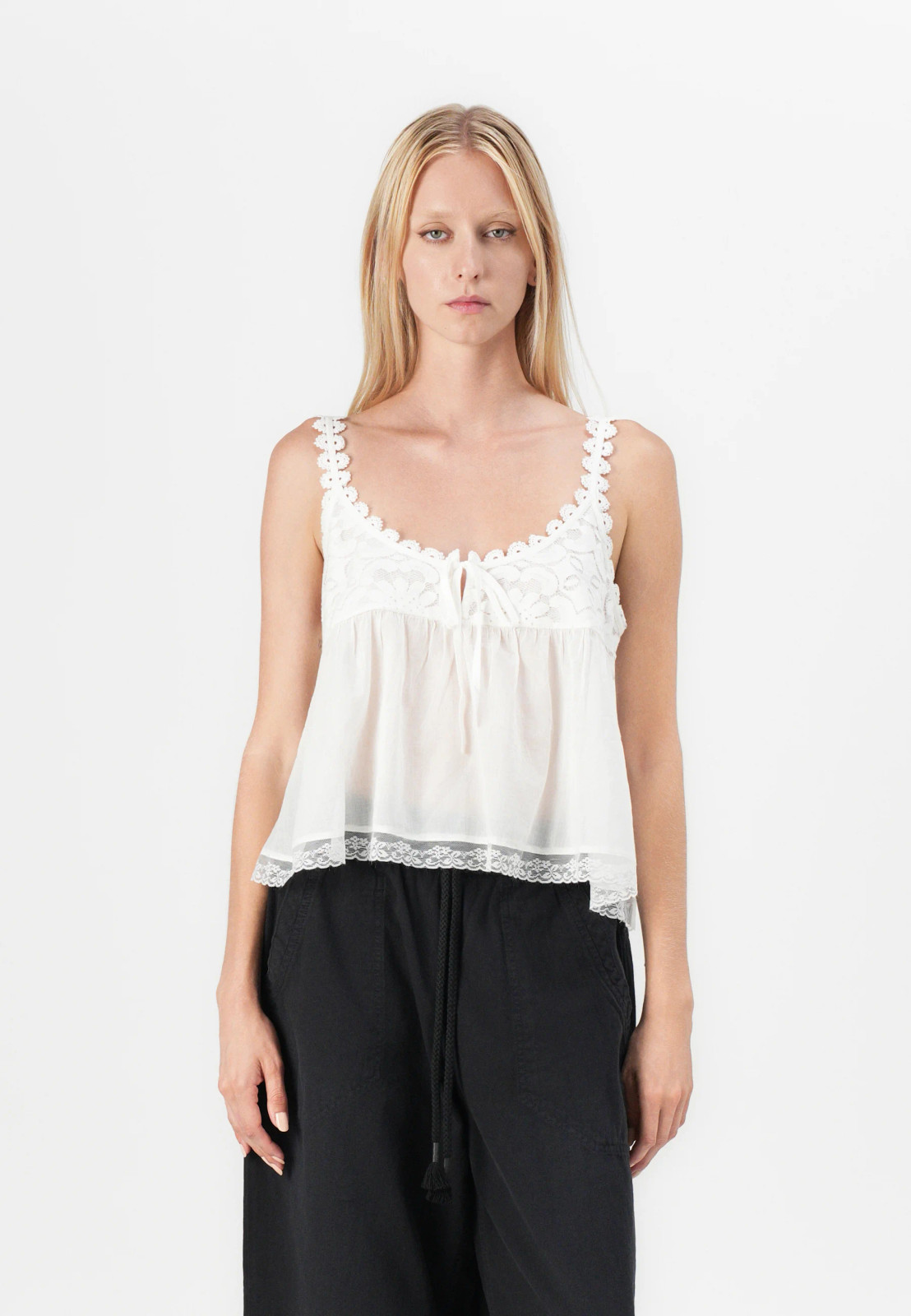Effortless Chic: Lace Trim Camisole with Wide-Leg Pants Effortless Chic: Lace Trim Camisole with Wide-Leg Pants — Free People Outfits 2027