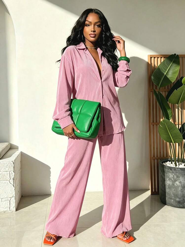 Blush Pink Pleated Co-ord Set with Green Accessories — Blush Outfits 2027