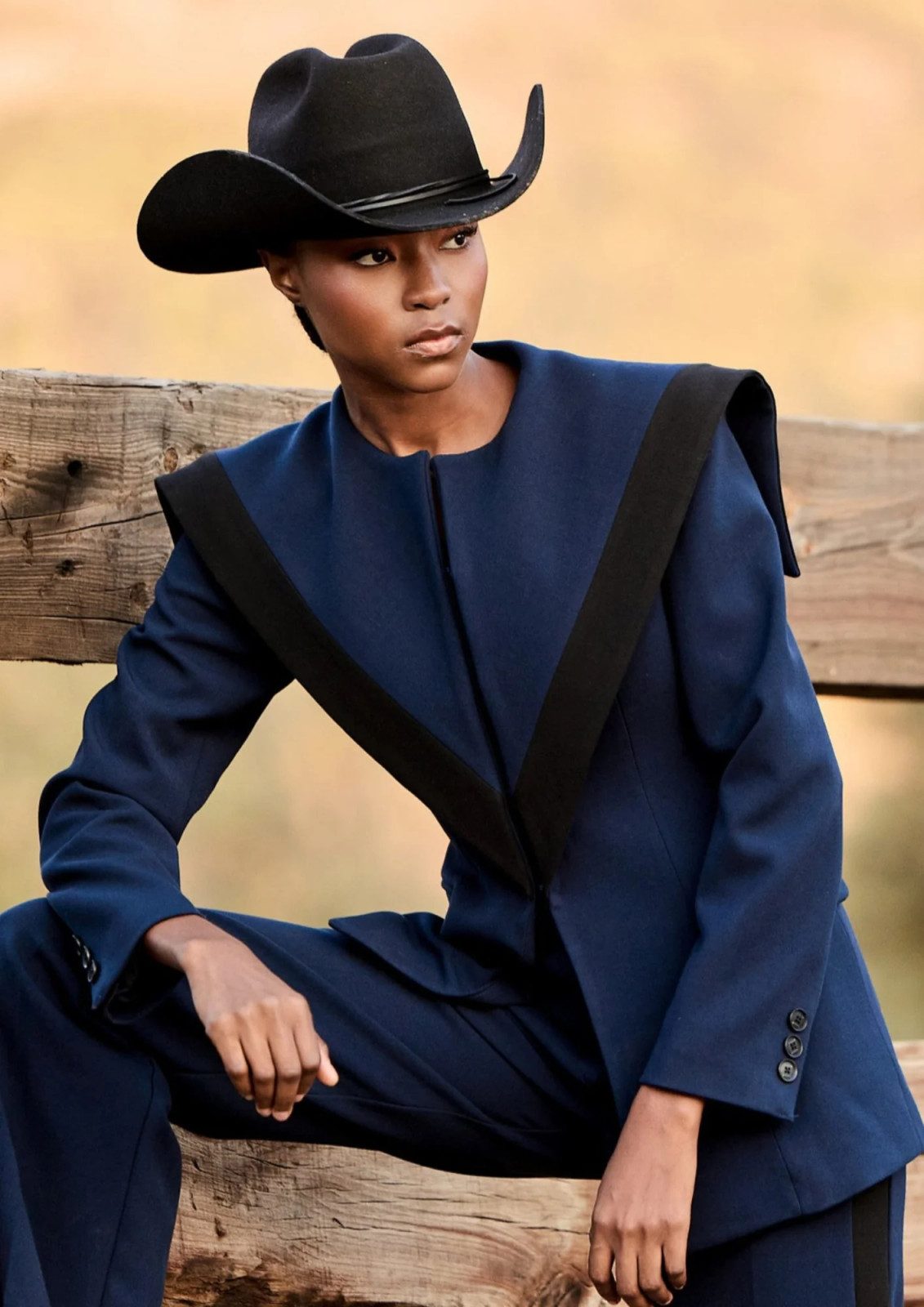 Navy Wool Suit with Dramatic Collar and a Black Cowboy Hat Navy Wool Suit with Dramatic Collar and a Black Cowboy Hat — Cowboy Hat Outfits 2027