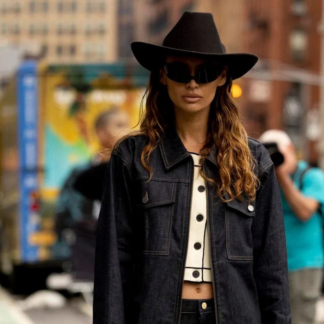 Denim Jacket and White Top with a Black Cowboy Hat Denim Jacket and White Top with a Black Cowboy Hat — Cowboy Hat Outfits 2027