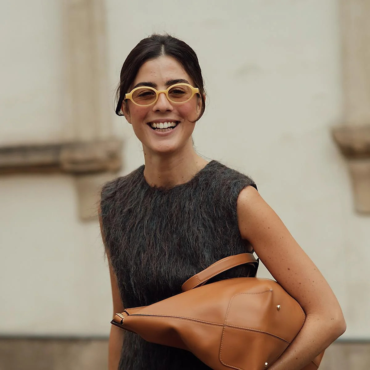 Textured Knit Vest with Tan Handbag Textured Knit Vest with Tan Handbag — Lisbon Outfits 2027