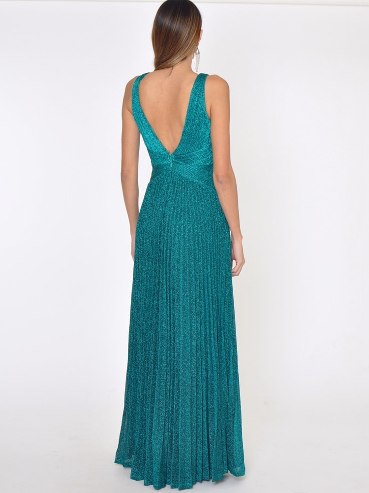 Teal Glitter Fabric Pleated Maxi Dress for Evening Events Teal Glitter Fabric Pleated Maxi Dress for Evening Events — Pleated Dress 2027