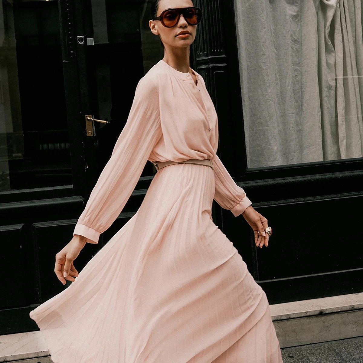 Pale Pink Pleated Midi Dress with Delicate Pleating Pale Pink Pleated Midi Dress with Delicate Pleating — Pleated Dress 2027