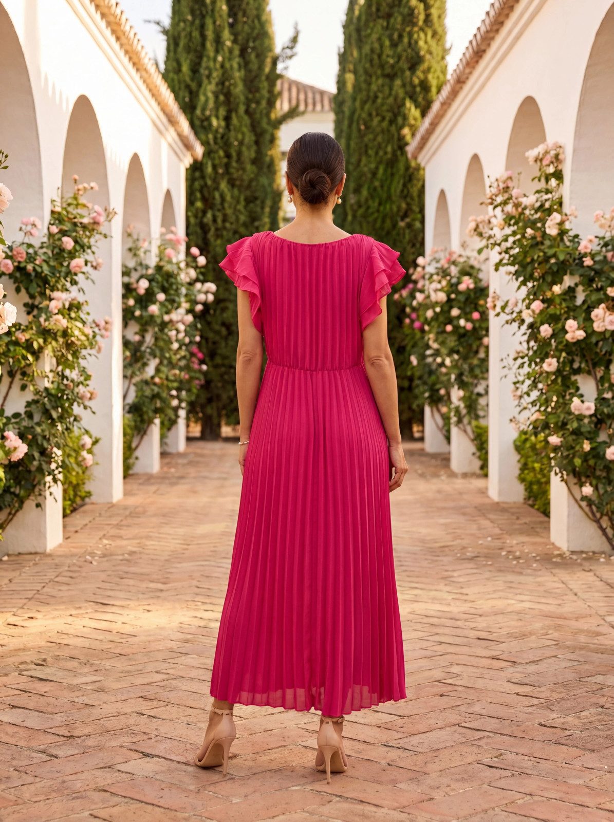 Fuchsia Pleated Midi Dress with Ruffled Sleeves Fuchsia Pleated Midi Dress with Ruffled Sleeves — Pleated Dress 2027