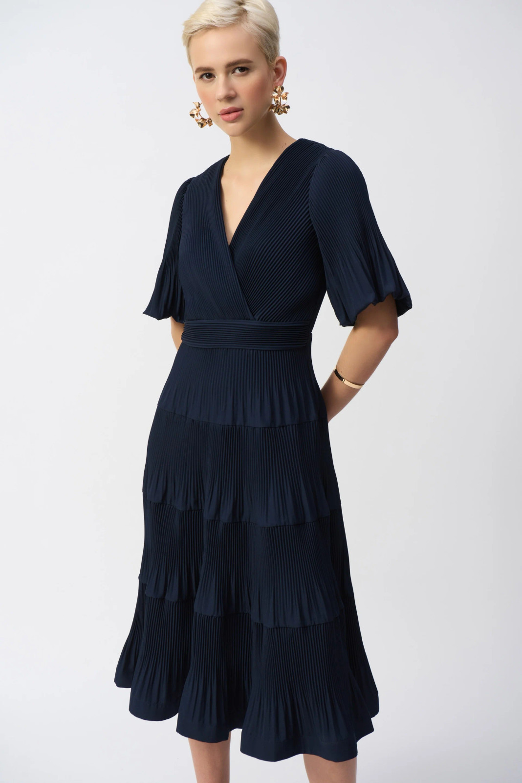 Navy Blue Pleated Midi Dress with Tiered Skirt Navy Blue Pleated Midi Dress with Tiered Skirt — Pleated Dress 2027
