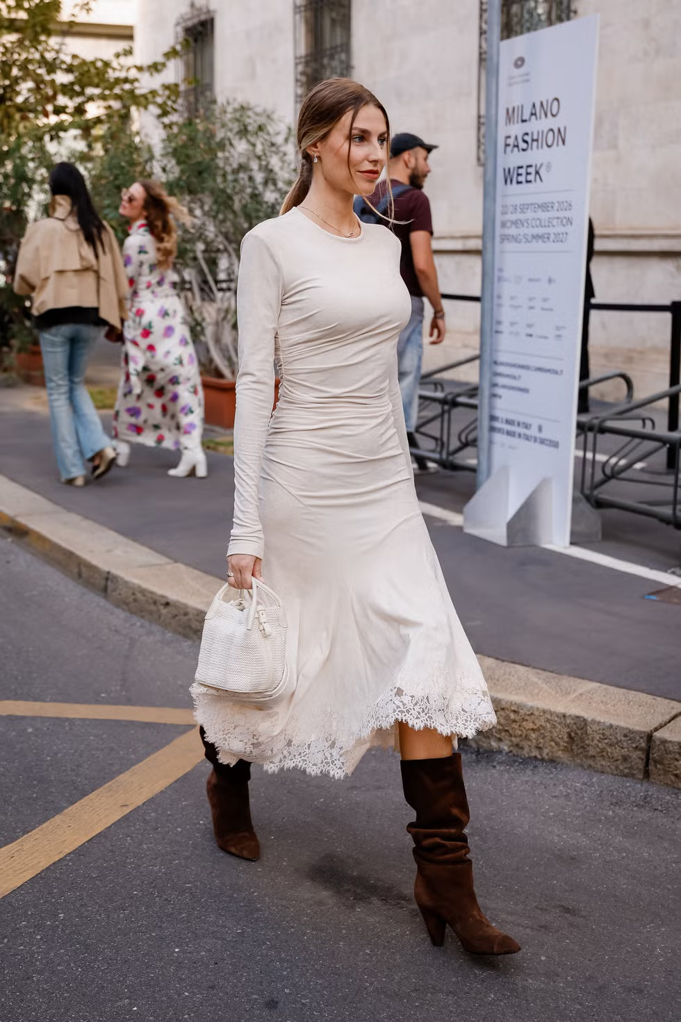 Off-White Ruched Midi Dress with Lace Trim and Suede Boots Off-White Ruched Midi Dress with Lace Trim and Suede Boots — Dress 2027 with Boots Outfit