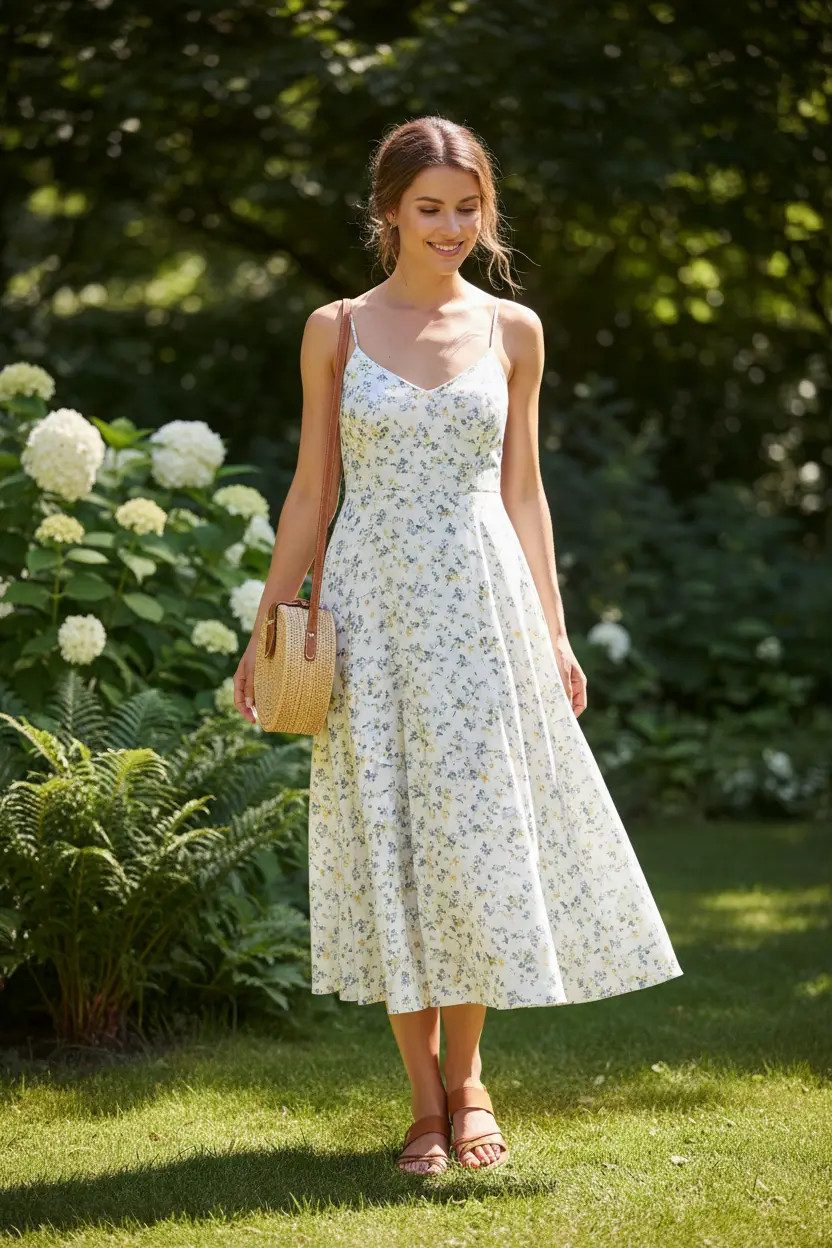 White Floral A-line Midi Dress with Spaghetti Straps for a Sweet Brunch White Floral A-line Midi Dress with Spaghetti Straps for a Sweet Brunch — Cute Brunch Dress 2027