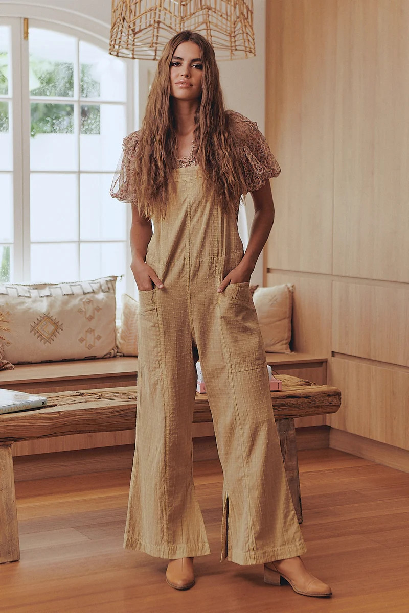 Tan Utility Jumpsuit with Lace Detail and Block Heels Tan Utility Jumpsuit with Lace Detail and Block Heels — Savannah Outfits 2027