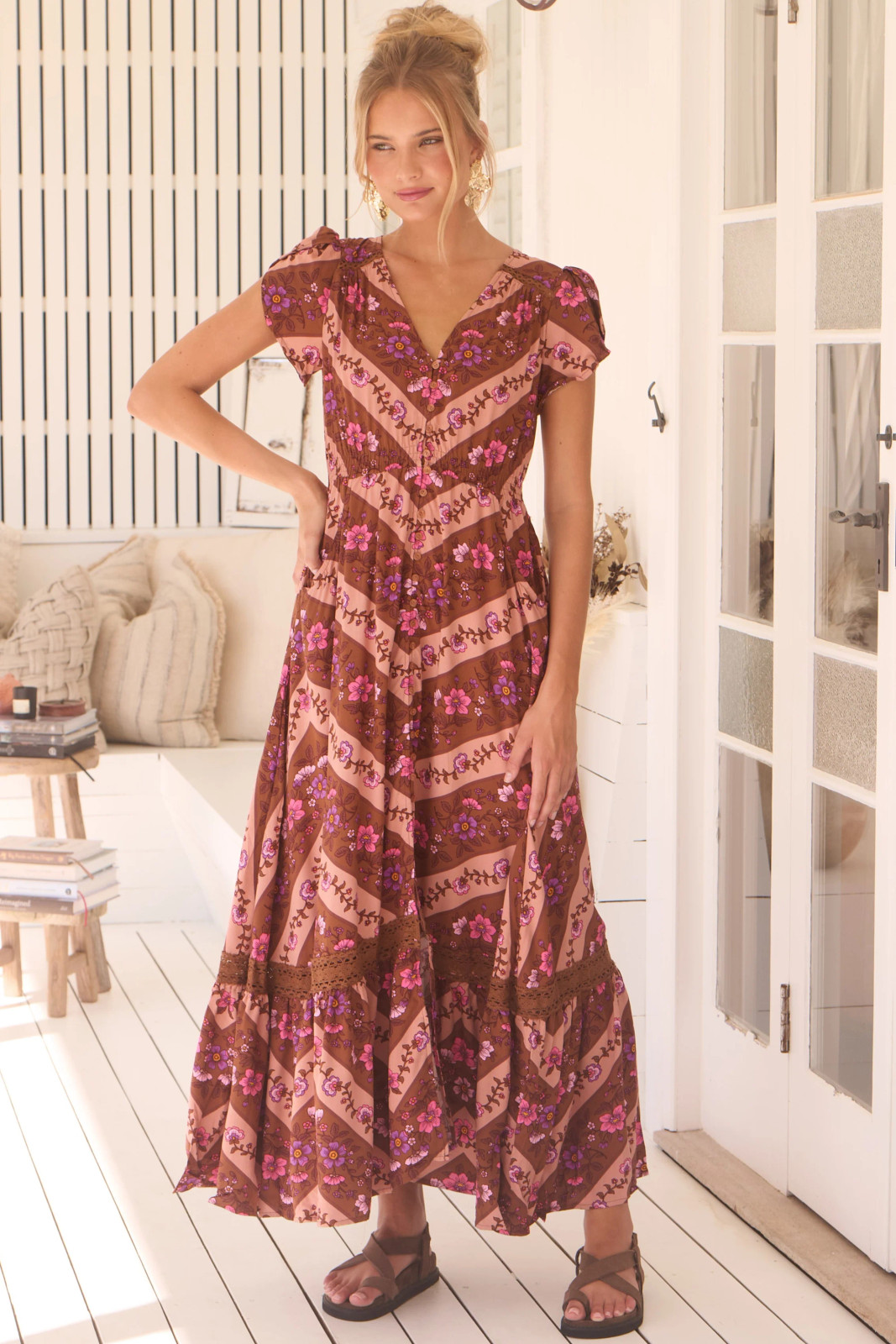 Floral Maxi Dress with Chevron Pattern and Flat Sandals Floral Maxi Dress with Chevron Pattern and Flat Sandals — Savannah Outfits 2027
