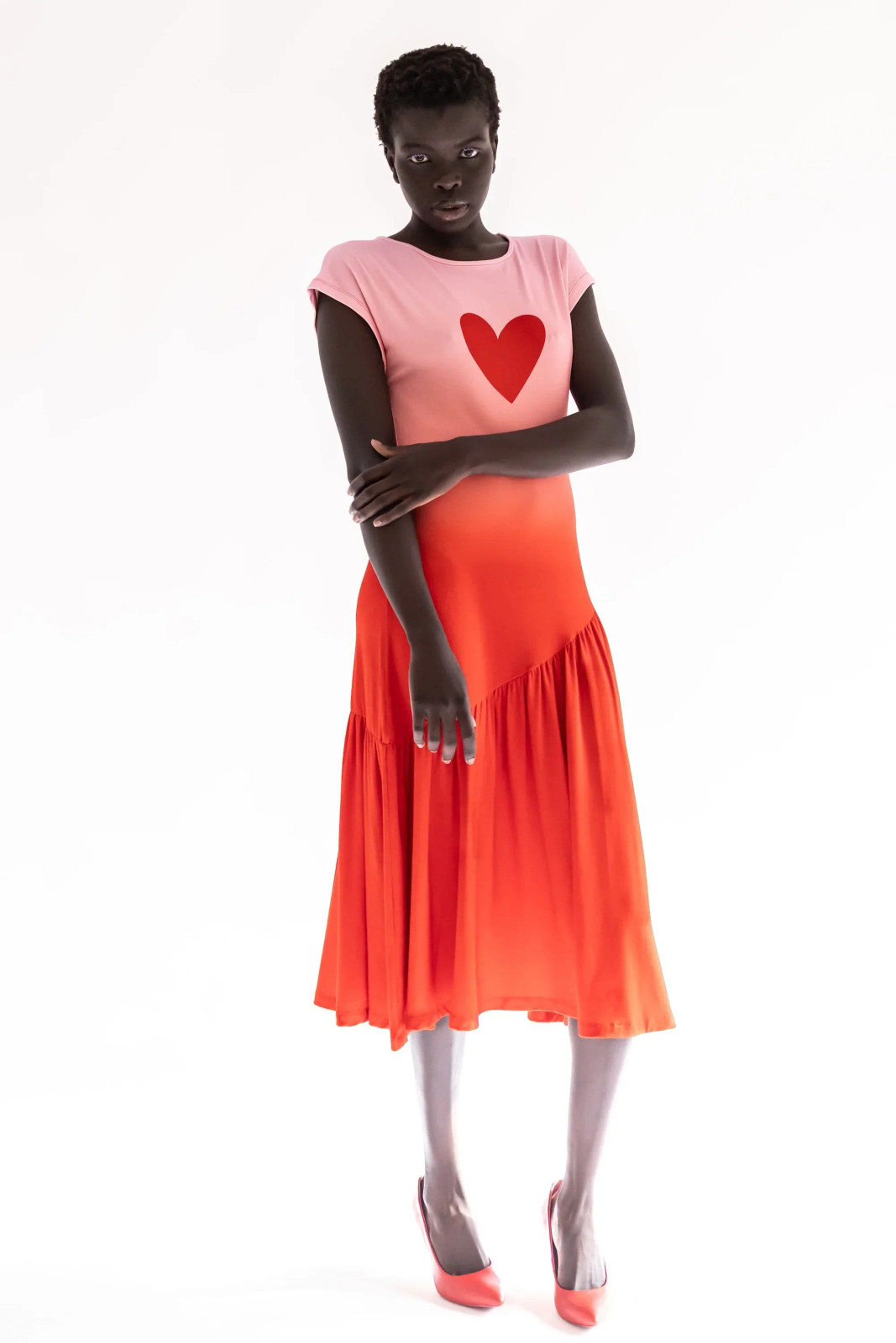 Pink Heart Graphic T-Shirt with Red Tiered Midi Skirt Pink Heart Graphic T-Shirt with Red Tiered Midi Skirt — Heart Outfits 2027