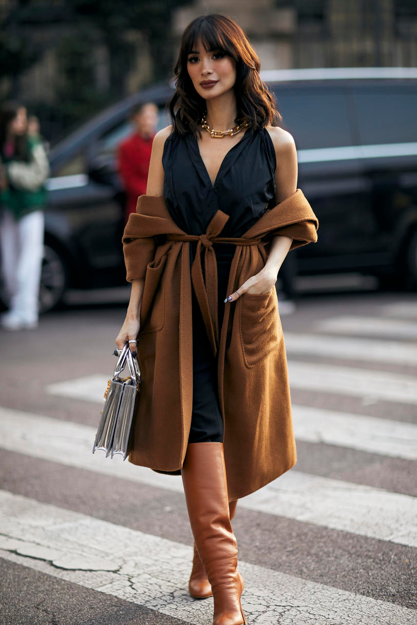 Black Sleeveless Dress Brown Long Coat Outfit Idea Black Sleeveless Dress Brown Long Coat Outfit Idea — Dress 2027 with Knee High Boots Outfit