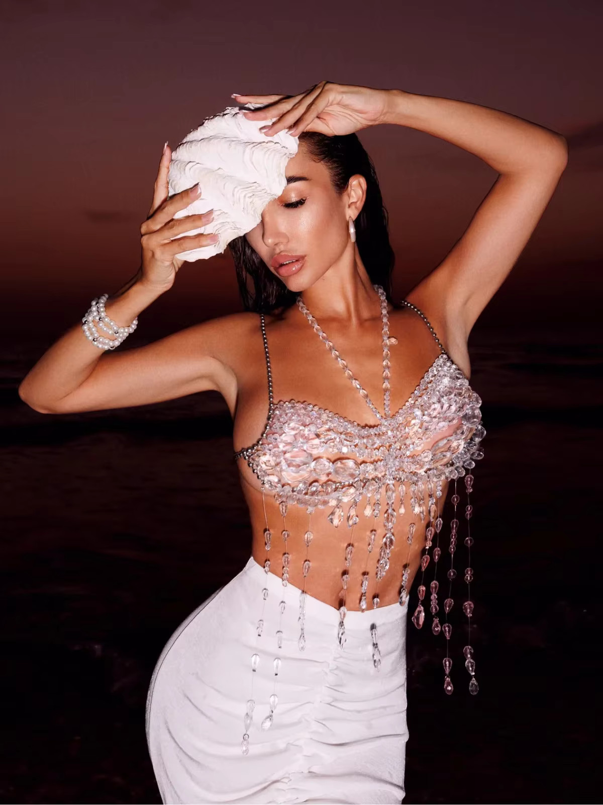 Pink Beaded Bra Top with Crystal Fringe and Ruched Skirt Pink Beaded Bra Top with Crystal Fringe and Ruched Skirt — Beaded Top Outfits 2027