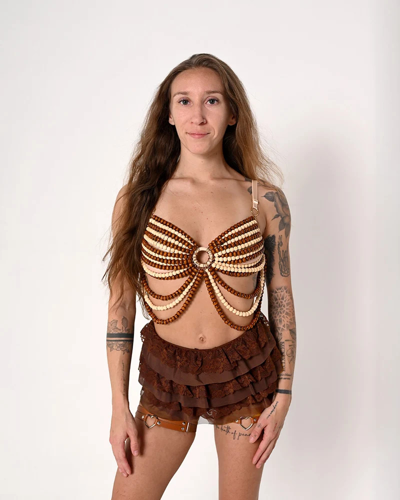 Unique Wood Bead Bra Top with Dark Shorts Unique Wood Bead Bra Top with Dark Shorts — Beaded Top Outfits 2027