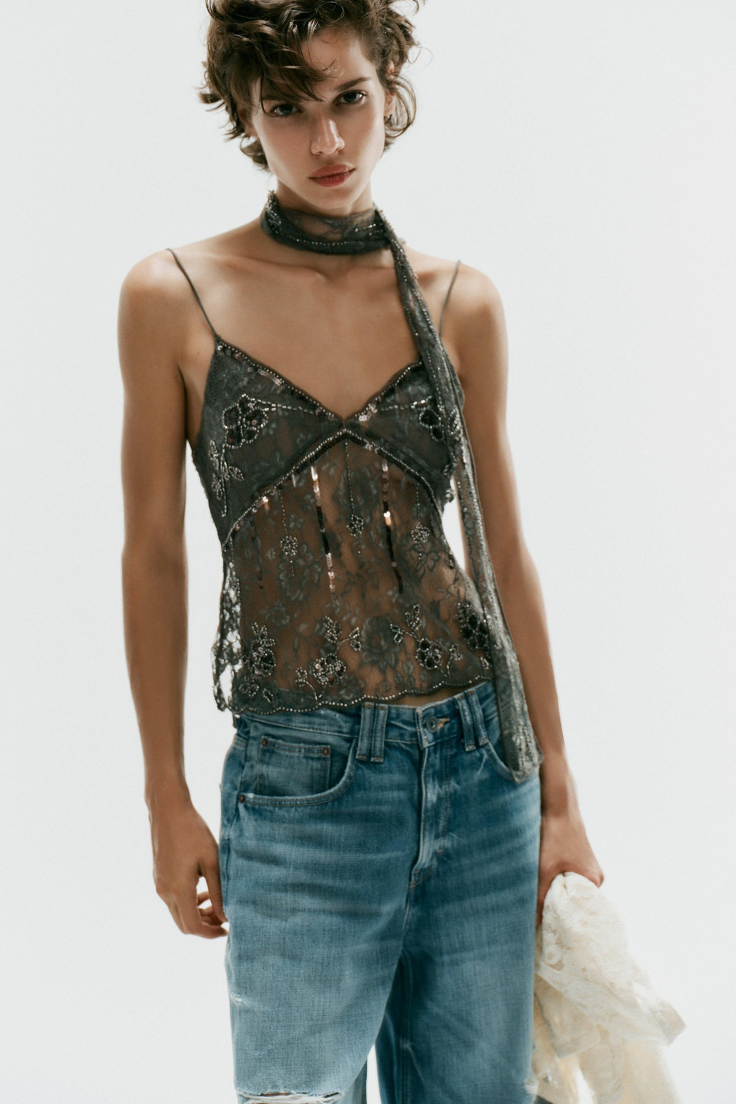Sheer Beaded Cami with Straight-Leg Jeans Sheer Beaded Cami with Straight-Leg Jeans — Beaded Top Outfits 2027