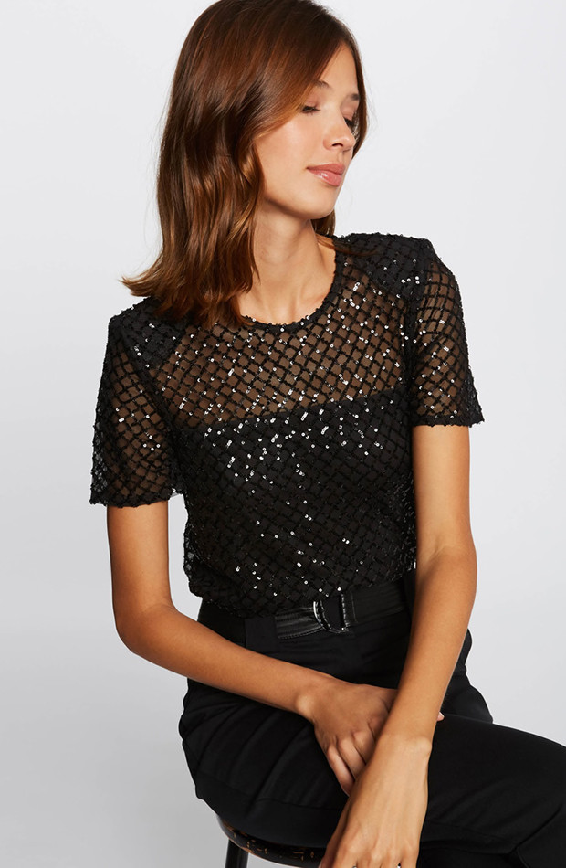 Chic Black Sequin Mesh Top with Trousers Chic Black Sequin Mesh Top with Trousers — Beaded Top Outfits 2027