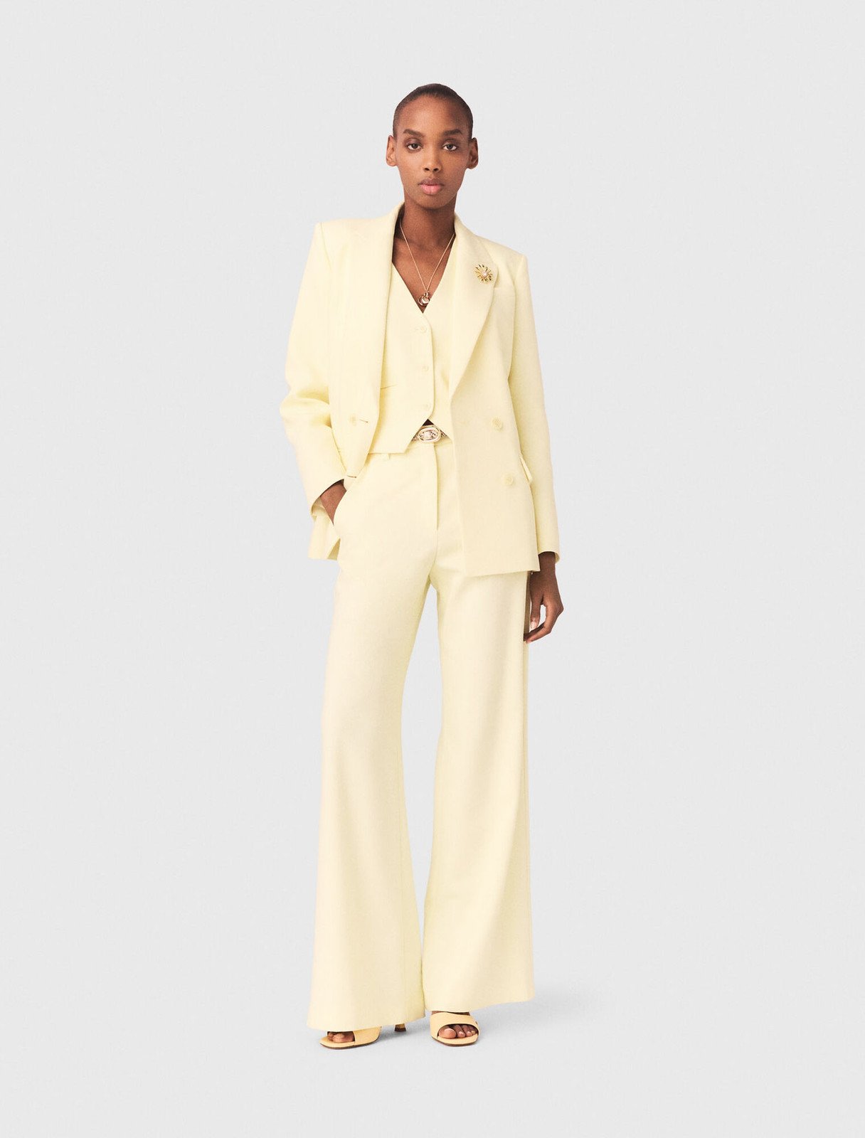 Pale Yellow Three-Piece Suit with Gold Accents — A Waistcoat Pale Yellow Outfits 2027