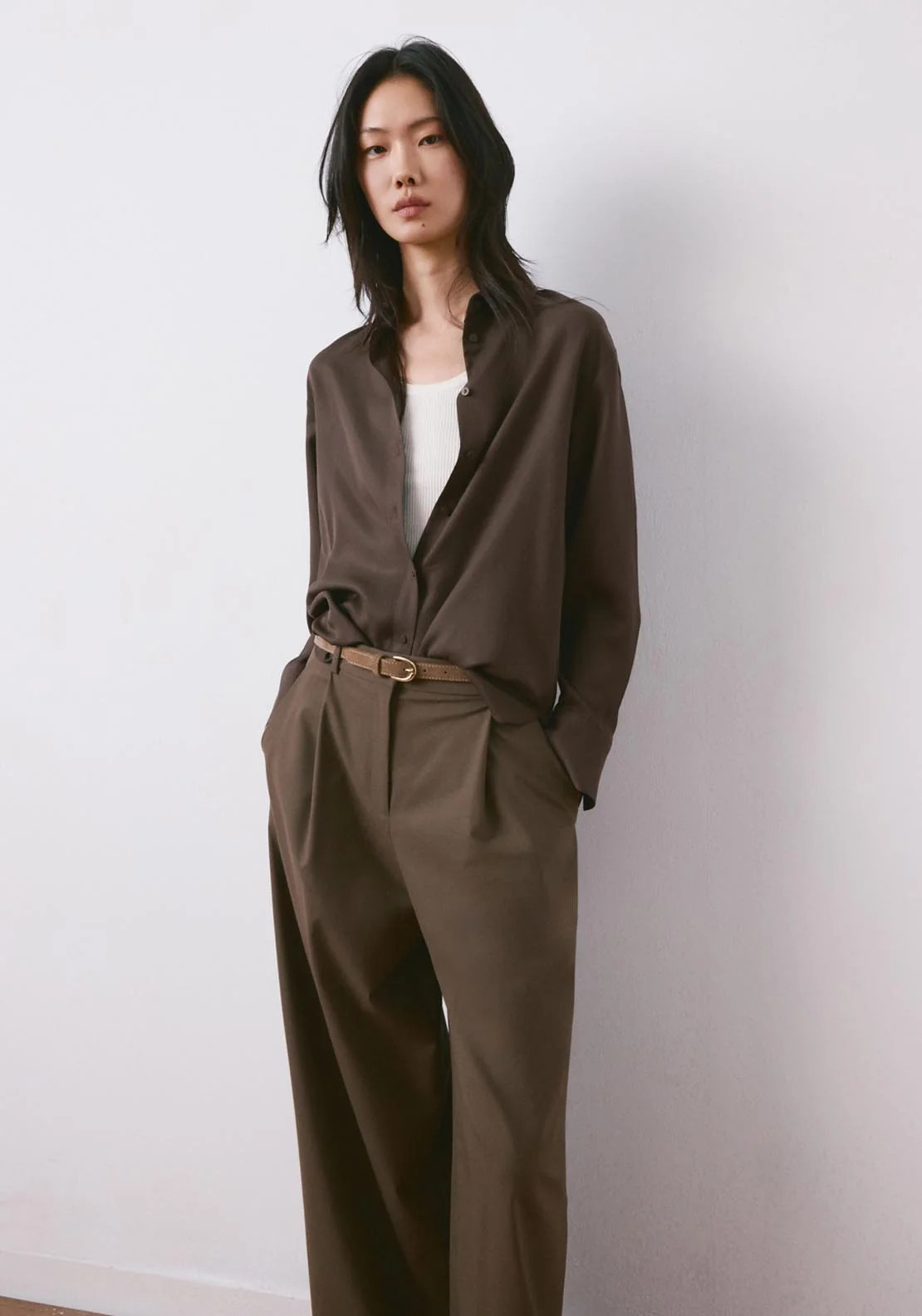 Oversized Brown Satin Shirt and Trousers for a Relaxed Confirmation Oversized Brown Satin Shirt and Trousers for a Relaxed Confirmation — Confirmation Outfits 2027