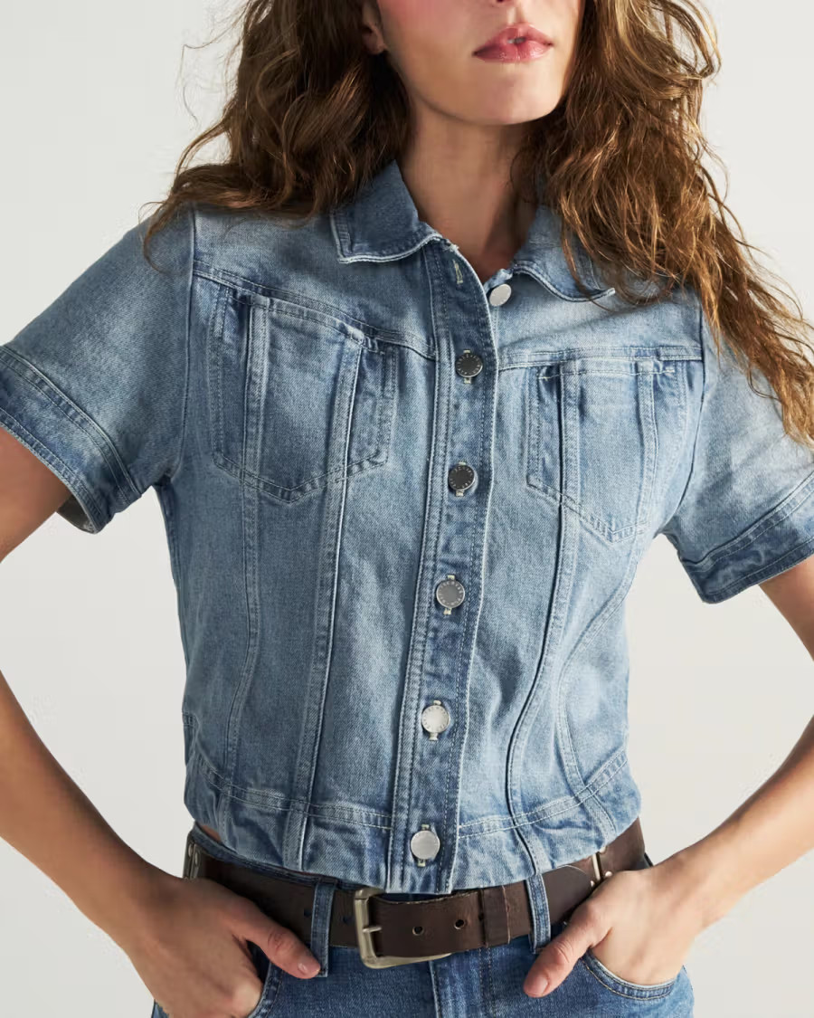 Light Blue Cropped Denim Shirt with Brown Belt Light Blue Cropped Denim Shirt with Brown Belt — Denim Shirt Outfits 2027