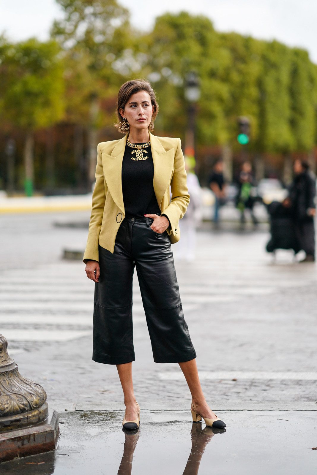 Yellow Blazer Black Crew-Neck Top Outfit Idea Yellow Blazer Black Crew-Neck Top Outfit Idea — Slingback Heels Outfits 2027