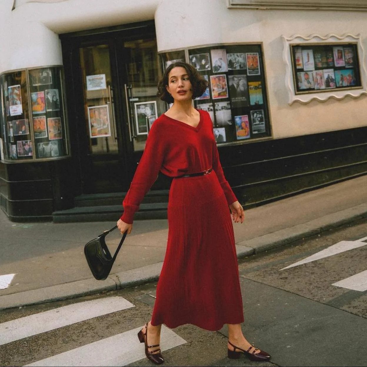 Red V-Neck Knit Dress Black Belt Outfit Idea Red V-Neck Knit Dress Black Belt Outfit Idea — Slingback Heels Outfits 2027