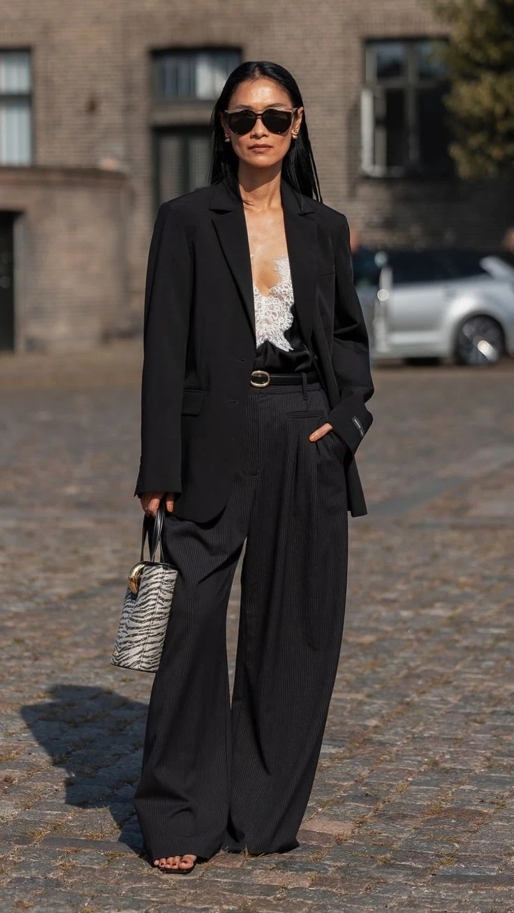 Edgy Evening: Black Blazer with Pinstripe Trousers Edgy Evening: Black Blazer with Pinstripe Trousers — Spring Outfits 2027 with Blazer