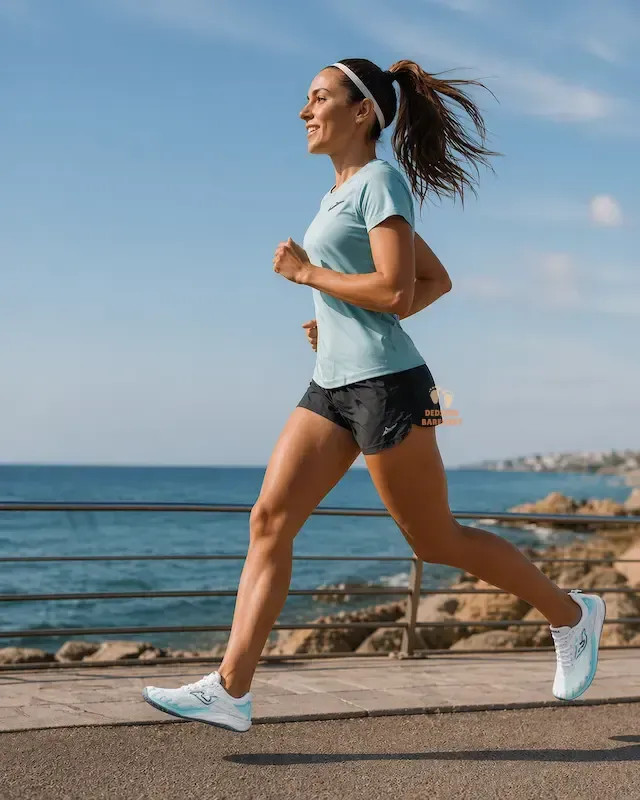 Light Blue T-Shirt and Black Shorts with White Headband Light Blue T-Shirt and Black Shorts with White Headband — Running Outfits for Women 2027