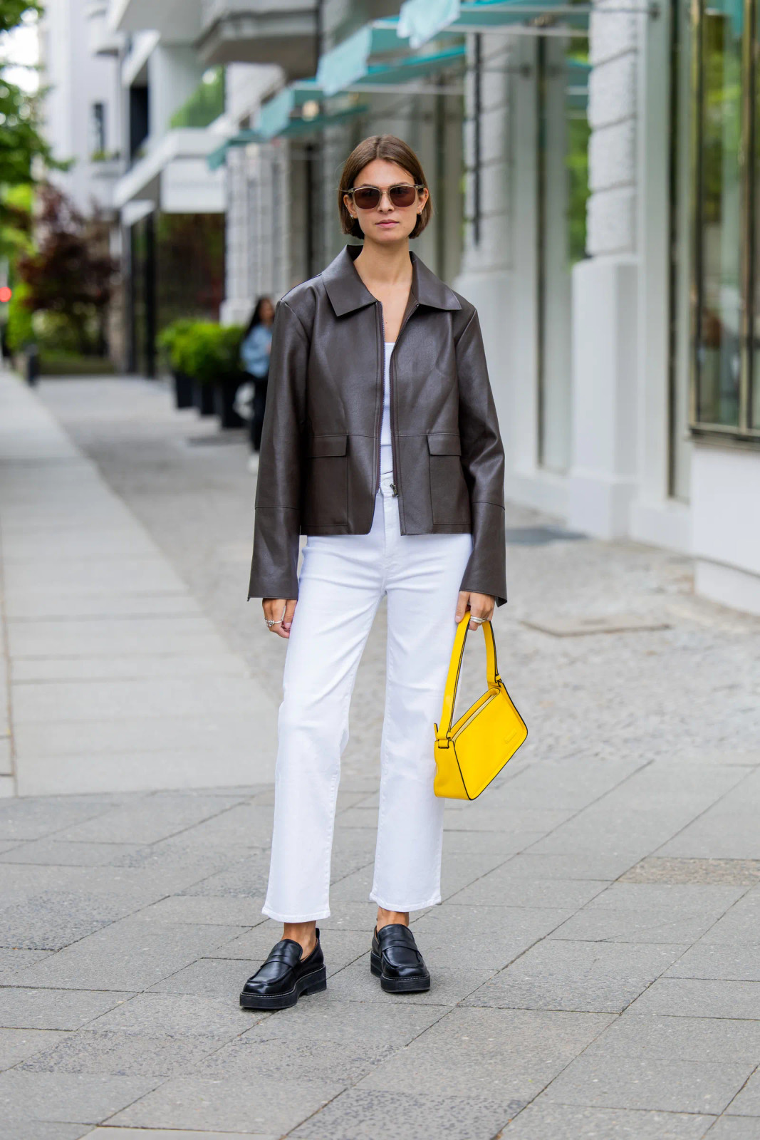 Cropped Trousers with Leather Jacket and Yellow Handbag Cropped Trousers with Leather Jacket and Yellow Handbag — Spring Trouser Outfits 2027