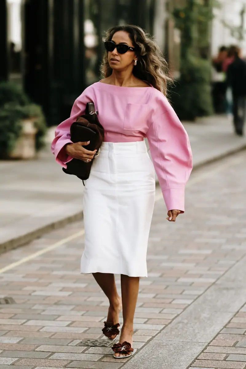 Voluminous Pink Sleeves Paired with a Fitted Pencil Skirt Voluminous Pink Sleeves Paired with a Fitted Pencil Skirt — Spring Europe Outfits 2027